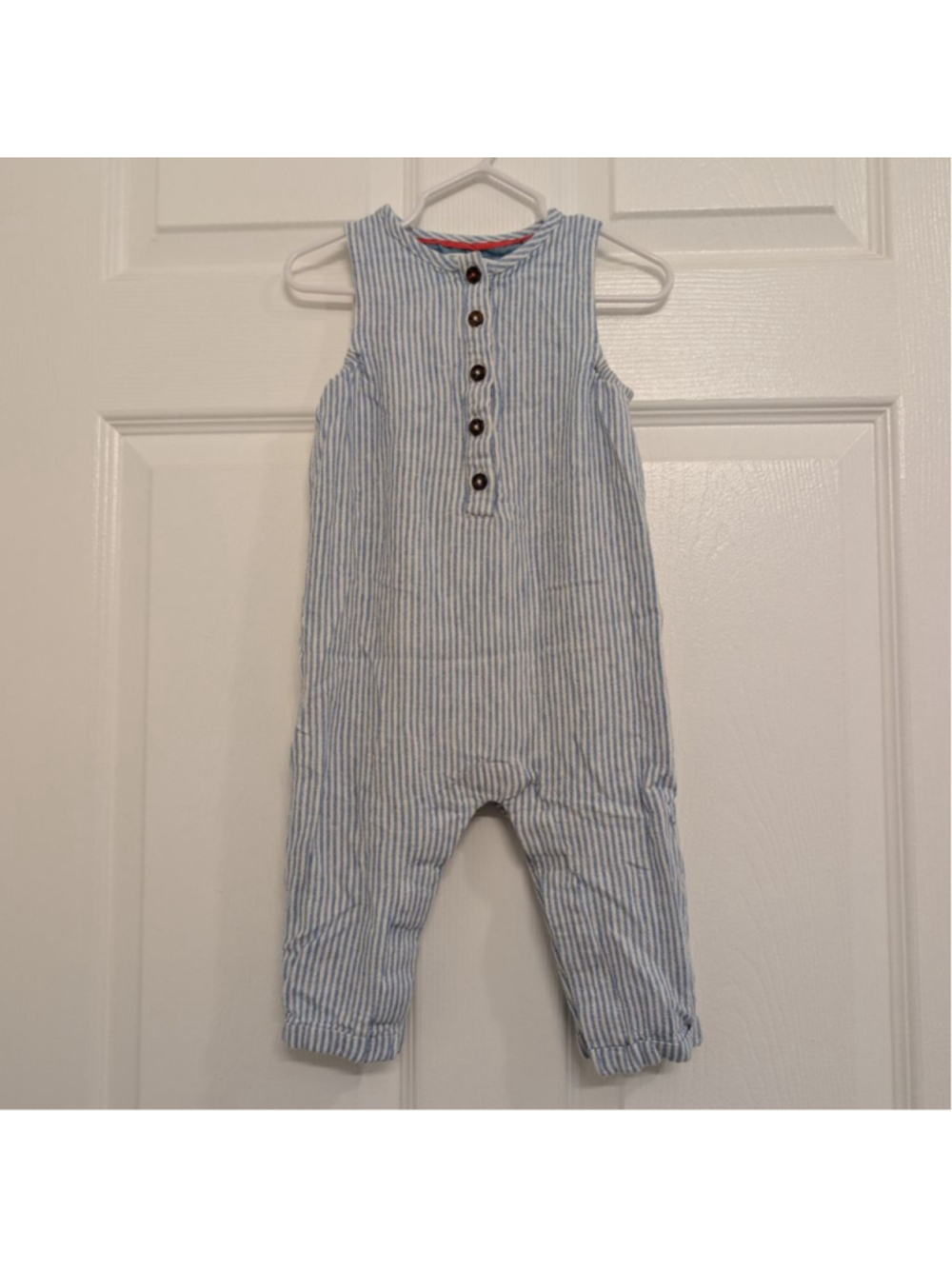 Baby Boden Linen Blend Blue White Striped Sleeveless Jumpsuit 12-18 Months